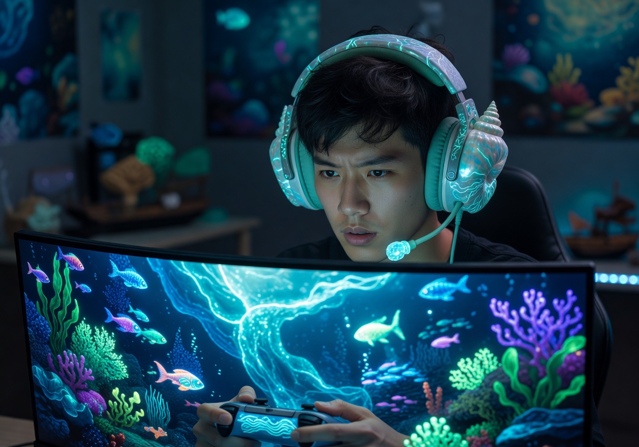 Player Kai with ocean-themed headset and glowing screen