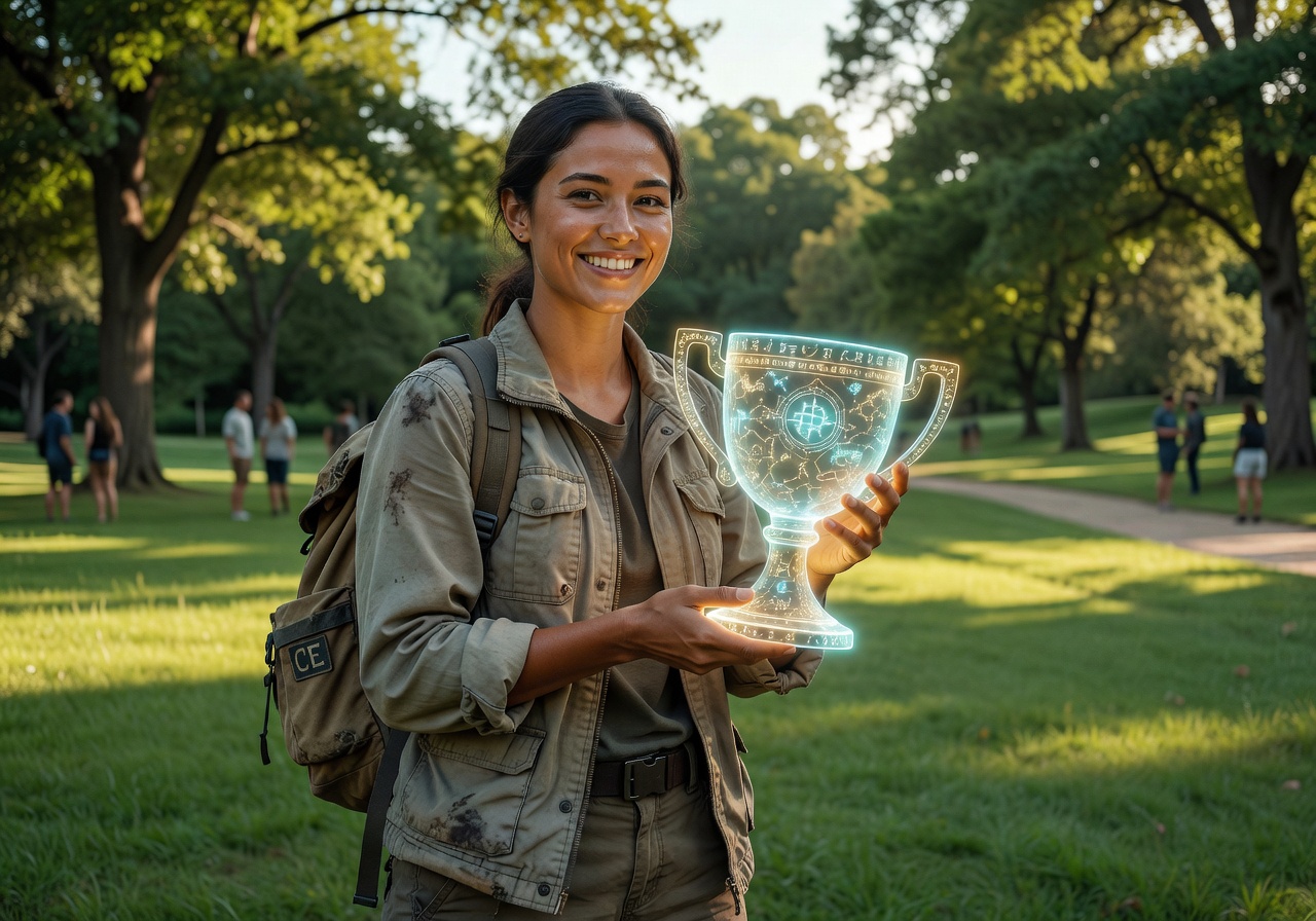 Smiling player Marina holding a virtual treasure trophy