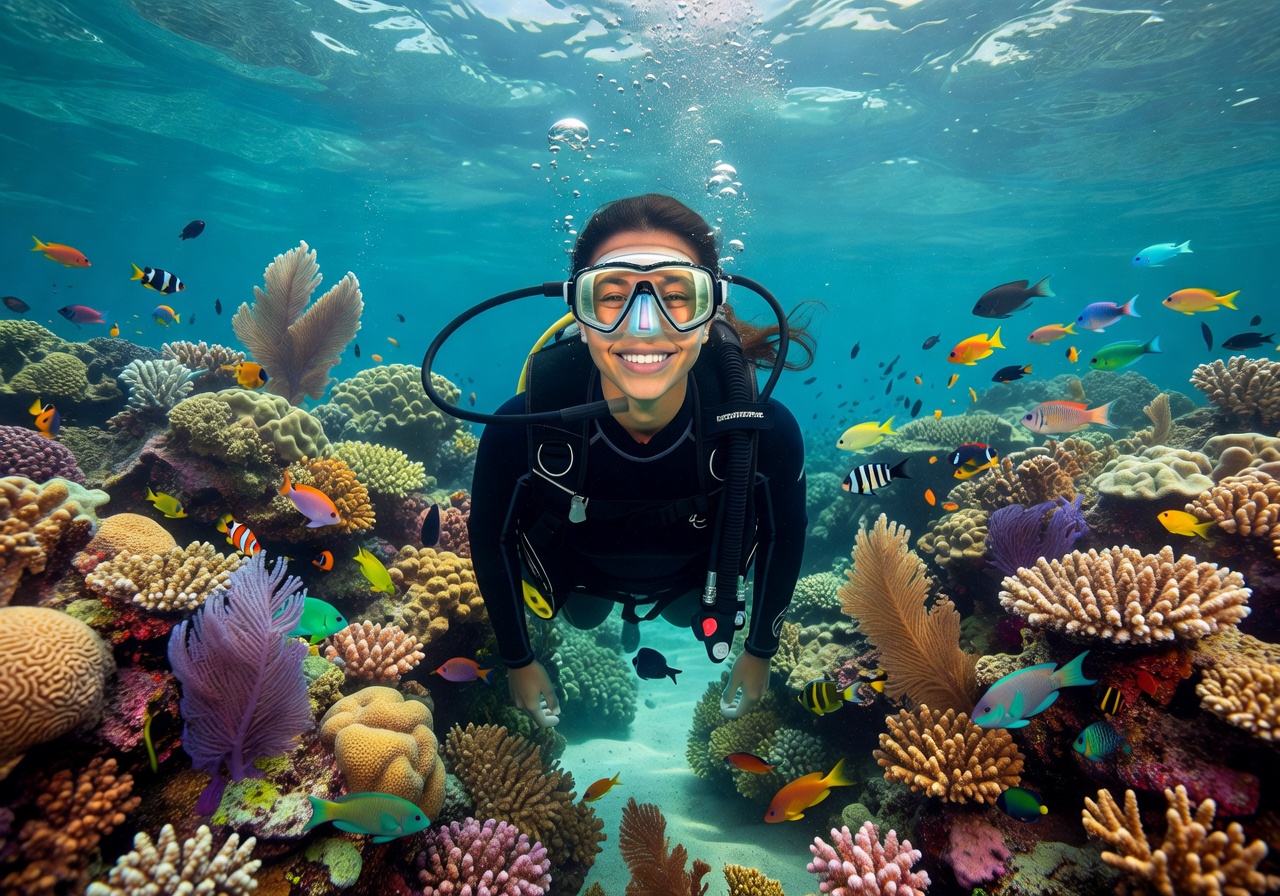 Player Sofia smiling with reef background