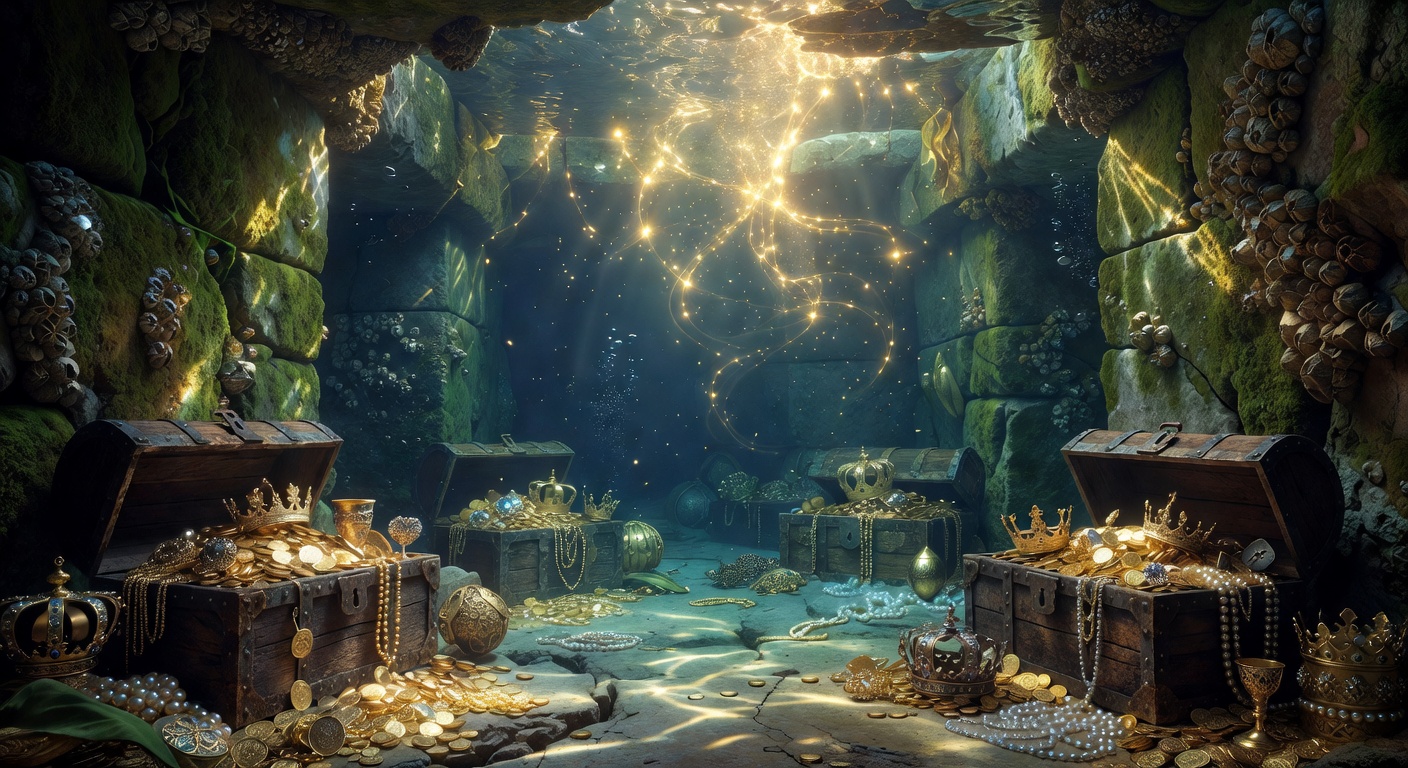 Glowing underwater treasure chamber with golden light