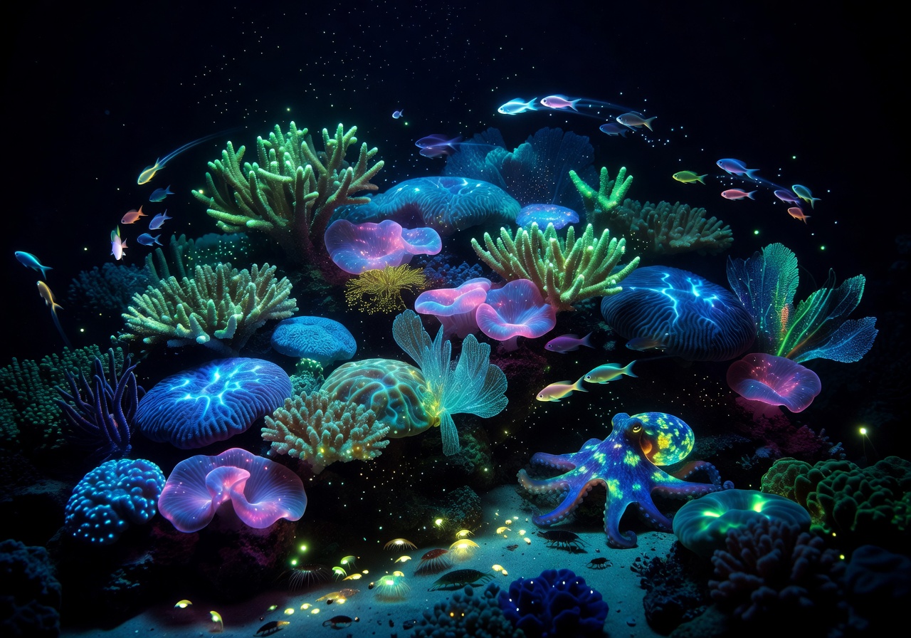 Glowing coral reef with bioluminescent marine life