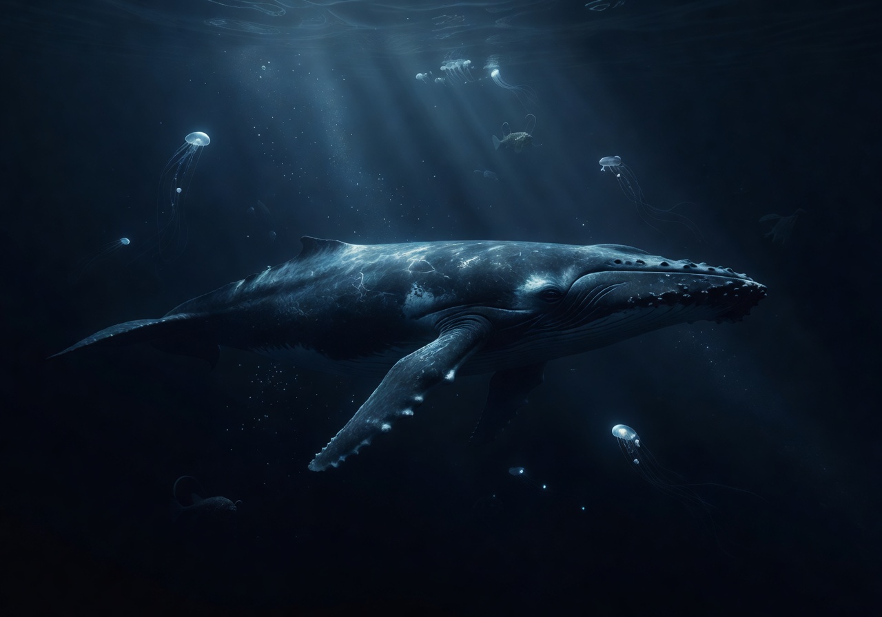 Majestic deep sea whale gliding through dark blue ocean