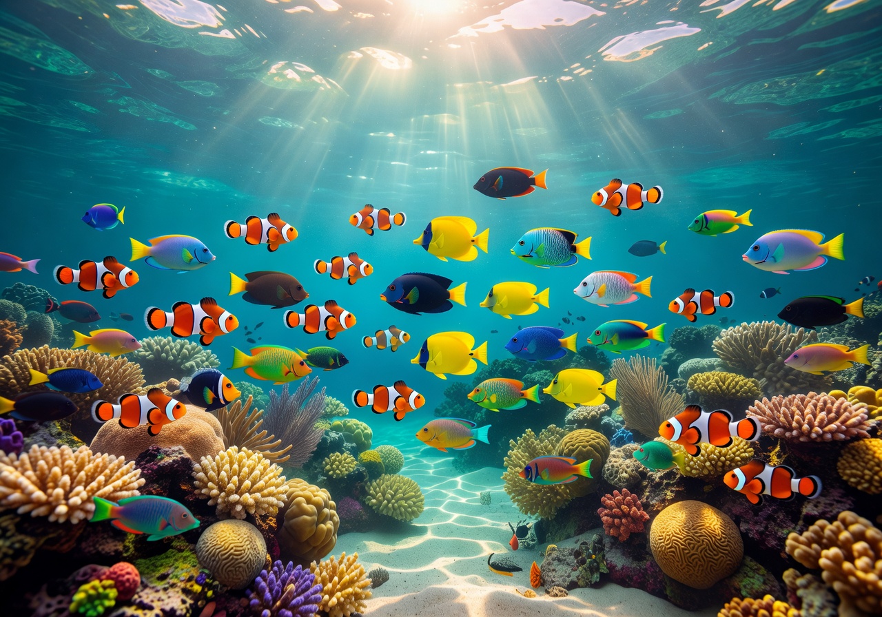 School of tropical fish swimming through sunlit ocean