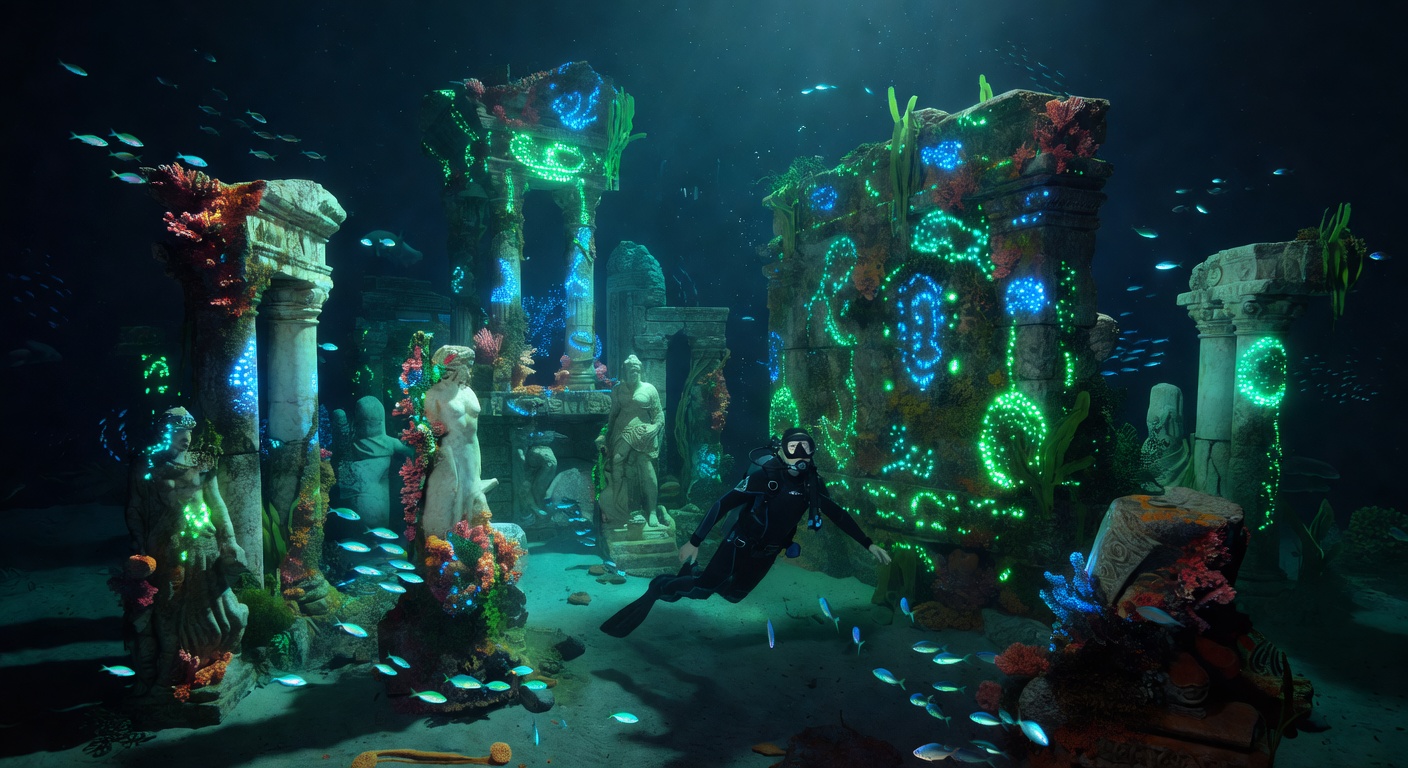 Atlantis ruins underwater glowing with bioluminescent light