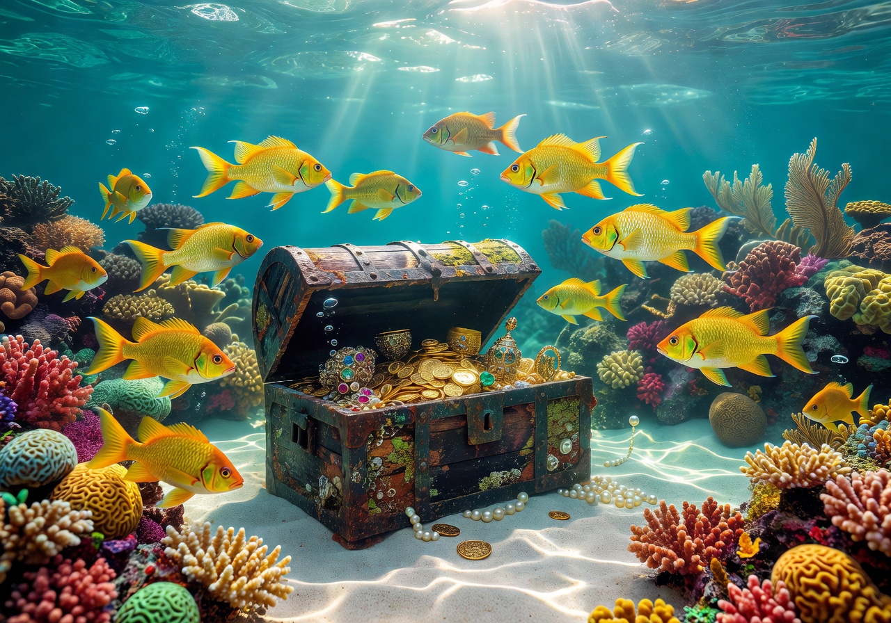 Golden fish swimming around a treasure chest in coral reef