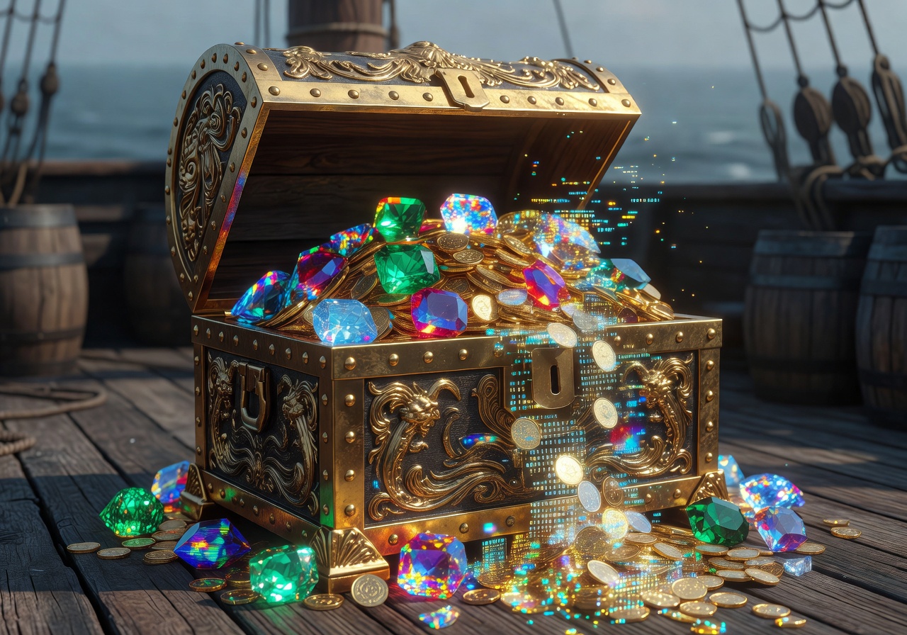 Golden captain's chest overflowing with virtual jewels