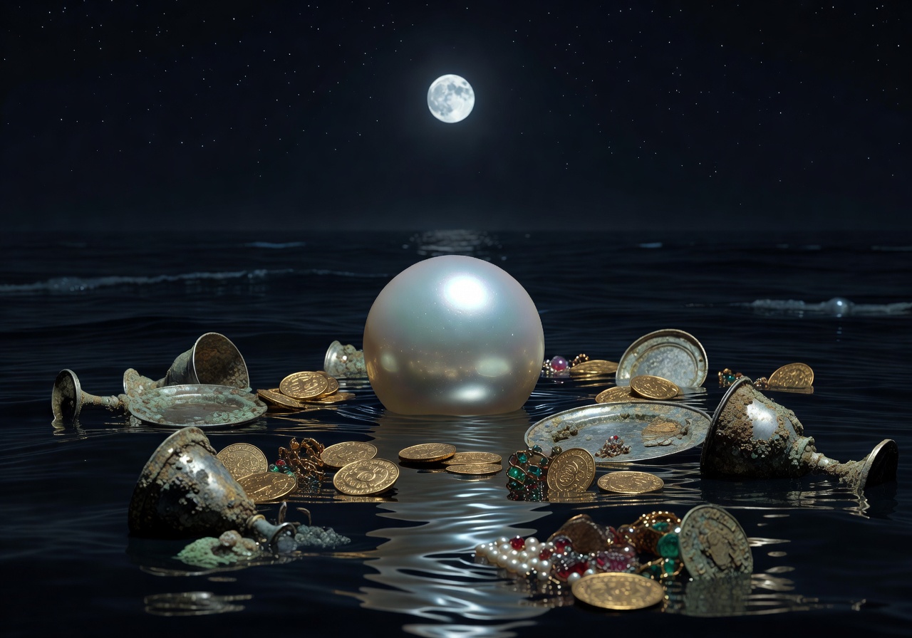 Moonlit pearl floating in dark ocean water