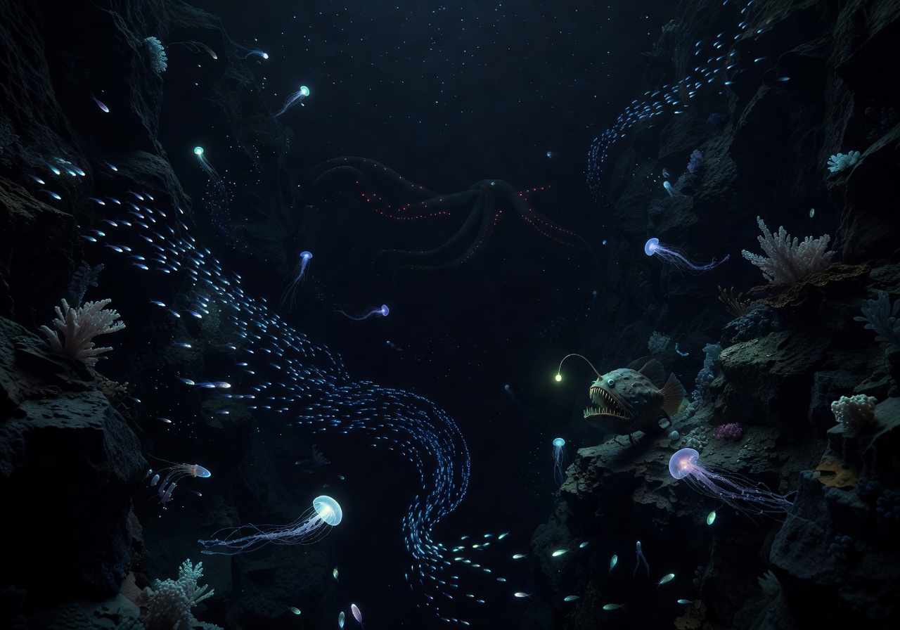 Deep dark abyssal trench with glowing bioluminescent creatures