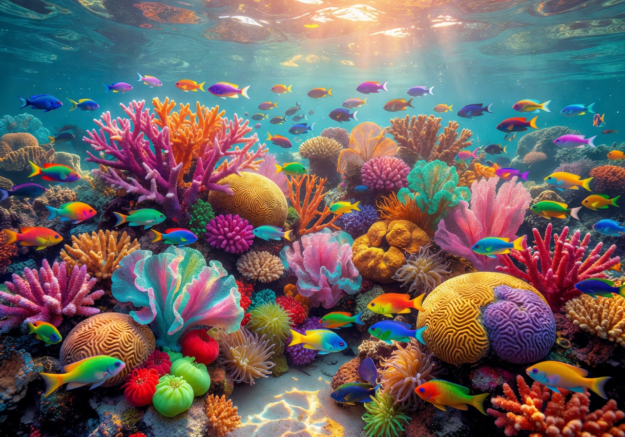 Lush coral gardens with rainbow-colored fish