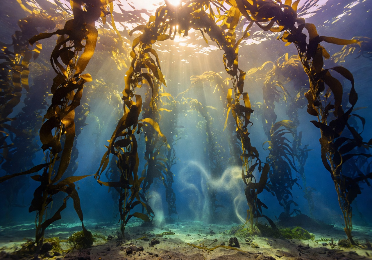 Towering kelp cathedral underwater with golden sunbeams